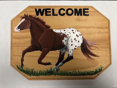 Wooden Welcome Sign with Brown Blanket Appaloosa