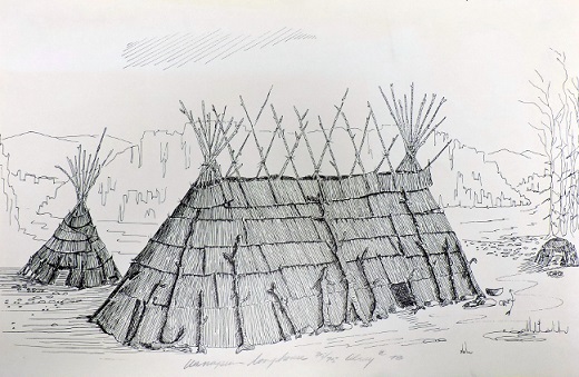 Wamapum Longhouse pen and ink print